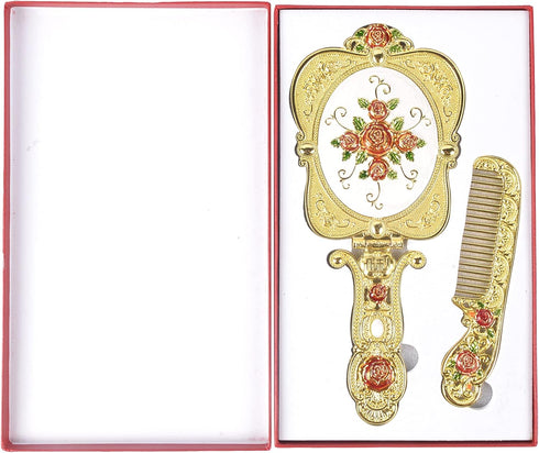 Nerien Antique Mirror Comb Set, Vintage Metal Handheld Makeup Mirror with Comb, Gold-1