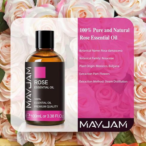 Rose Essential Oil - MAYJAM Premium Pure Essential Oils for Diffusers, 3.38FL.OZ Large Volume for Soap, Candle Making