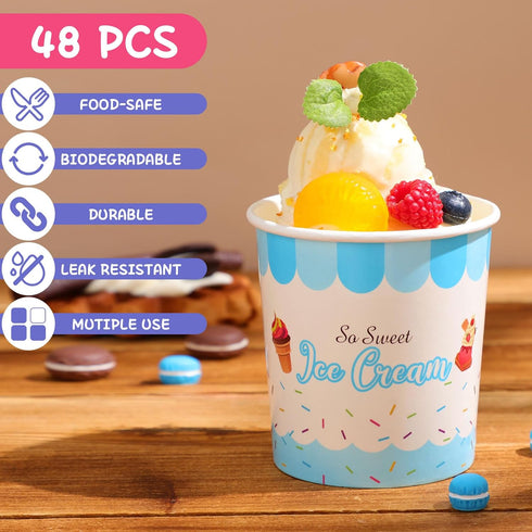 Jingmore 48 16oz Frozen Frozen Pcs Paper Ice Cream Cups with Lids, Disposable Sundae Dessert Bowls, Yogurt Containers