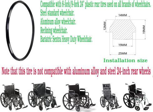 24" x 1" Wheelchair Rear Wheel Replacement Tire, Universal Flat Free Polyurethane Tire with Free Zip Ties (1Ea Black)