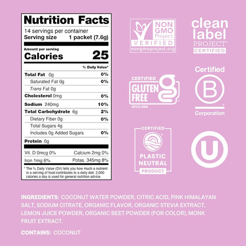 Cure Hydration Plant-Based Electrolyte Drink Mix, No Added Sugar, Coconut Water Powder, Vegan, 14 Packets - Watermelon