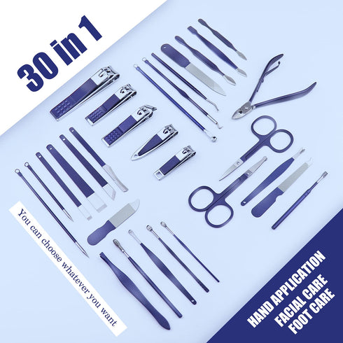 WOAMA 30-Piece Manicure Set, Professional Nail Clippers Pedicure Kit for Toenail Fingernail Care, Blue