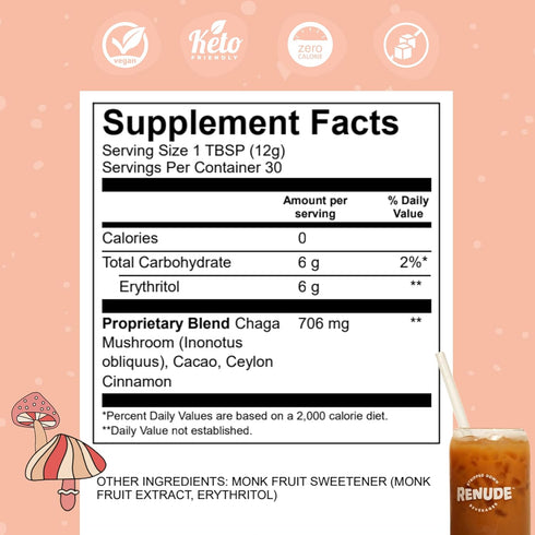 Renude Chagaccino - Wild-Foraged Chaga Mushroom Coffee Powder, Adaptogen Energy Boost, Natural Beauty & Immune Support,