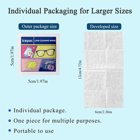 icepac 400 Glasses Wipes Lens Cleaner- Pre-Moistened Individual Wrapped Eye Glasses Cleaning Wipes | Glasses Cleaner