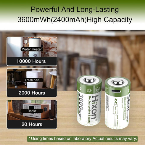 Hixon 1.5V 3600mWh 2 1500 2-in-1 2-Pack USB Rechargeable Lithium Batteries C Size, Rechargeable C Battery, Charges