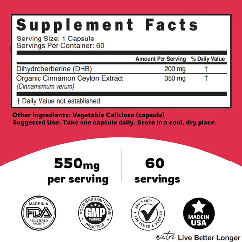 Dihydroberberine Supplement - 200mg, 60 Capsules - with Ceylon Cinnamon, 5X More Effective Than Regular Berberine HCL