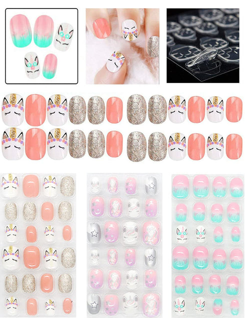 Rain Bingo 72 Pieces False Nails for Kids, Unicorn Short Fake Artificial Full Cover Nail Art Kits with Glue Tabs