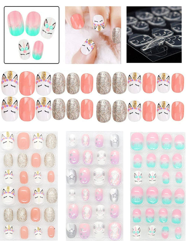Rain Bingo 72 Pieces False Nails for Kids, Unicorn Short Fake Artificial Full Cover Nail Art Kits with Glue Tabs
