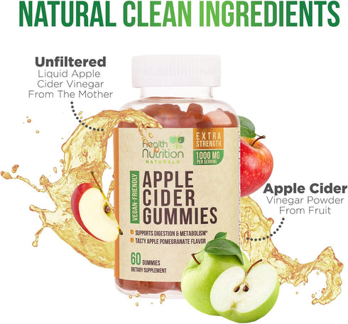 Vegan Apple Cider Vinegar Gummies, Max Strength 1000mg, 60 Gummies | ACV Supplement for Adults, Supports Digestion