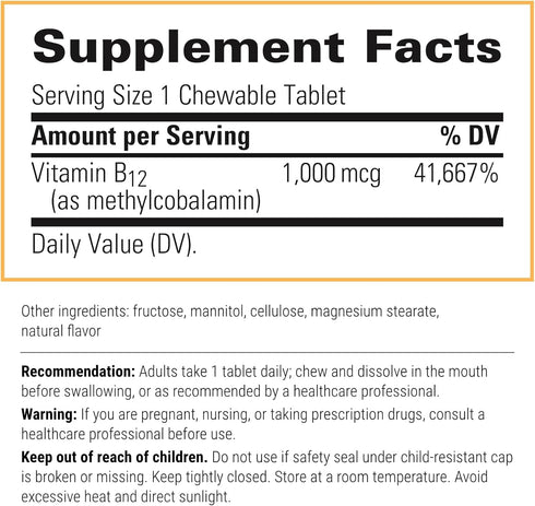 Integrative Therapeutics - B12-Active - Fast-Absorbing -Methylcobalamin - Cherry Flavored - 30 Chewable Tablets