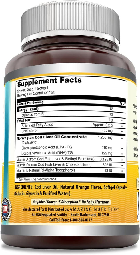 Amazing Omega Norwegian Cod Liver Oil, 1250 mg, 120 Softgels Supplement in Fresh Orange Flavor