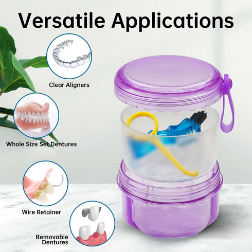Leakproof Denture Case, Purple Denture Soaking Cup, False Teeth Container, Dental Bath Holder Storage Box for Traveling