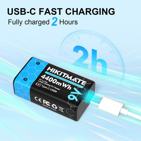 HIKITMATE 2-Pack 9V 4400mWh 9 6F22 9V 2H 10-Year Rechargeable Lithium Batteries USB C, Volt Li-ion Battery for Smoke