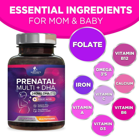 Women's Prenatal Multivitamin with Folic Acid + DHA, 240 Softgels for Fetal Support, Non-GMO