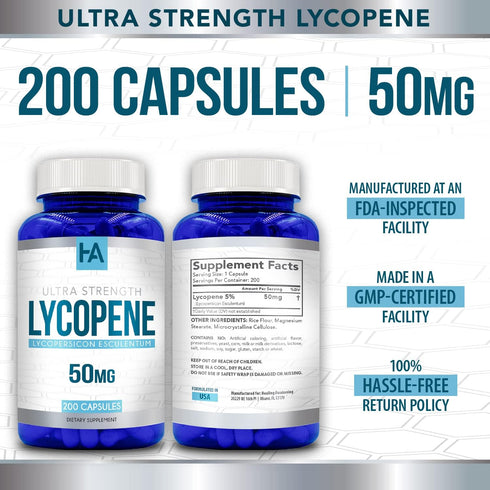 Healing Awakening Lycopene 50mg, 200 Vegetarian Capsules, Non-GMO & Gluten Free