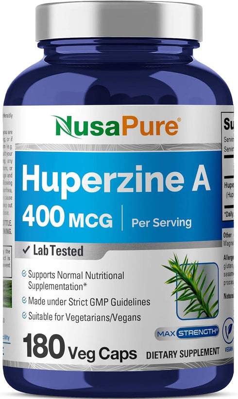 NusaPure Huperzine A - 400mcg, 180 Veggie Capsules (Vegetarian, Non-GMO, Vegan)