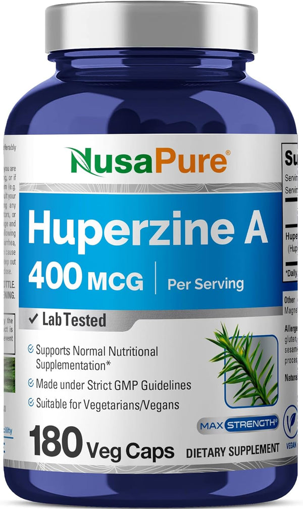 NusaPure Huperzine A - 400mcg, 180 Veggie Capsules (Vegetarian, Non-GMO, Vegan)
