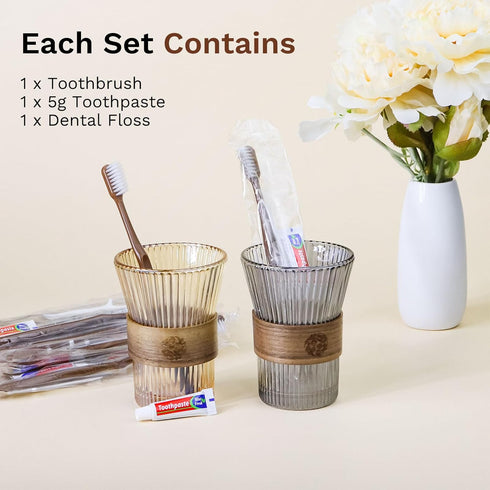 Packaged, (100-PACK) Disposable Toothbrushes with Toothpaste, Travel Toothbrush Kit, Individually Brown, with Floss