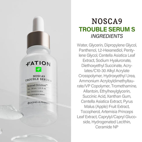 NOSCA9 Trouble Serum S | Hydrating Cica Kbeauty Serum with Centella Asiatica, Panthenol & Apple Extract (1.01 Fl Oz)