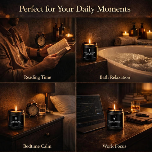 MKCLDE Set, 4 Pack Set Candles for Men Gift Masculine Scented Soy Candles for Men, Leather, Smoke, Oak & Lavender
