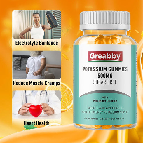 Potassium Gummies 500mg for Adults, 60 Servings, Sugar-Free for Heart Health & Muscle Relief