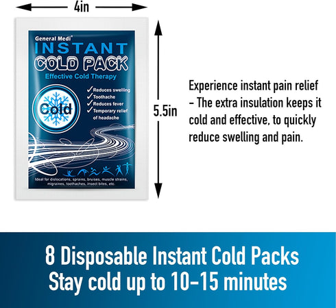 General Medi Instant Ice Cold Pack (4”x 5.5”) – 8 Packs Disposable Cold Therapy Ice Packs for Pain Relief and