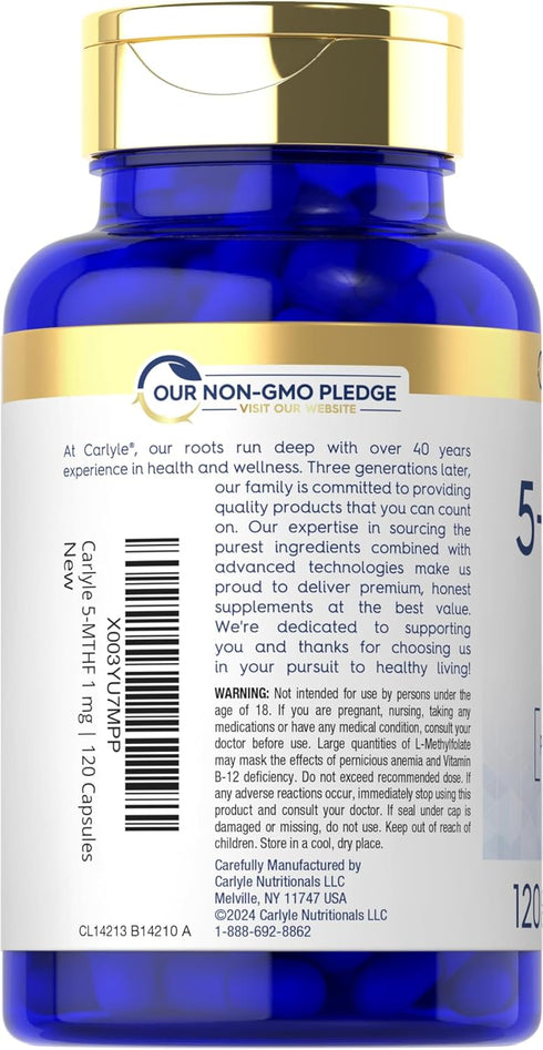 Carlyle 5-MTHF L Methylfolate 1mg | 120 Capsules | Premium Quality | Non-GMO, Gluten Free
