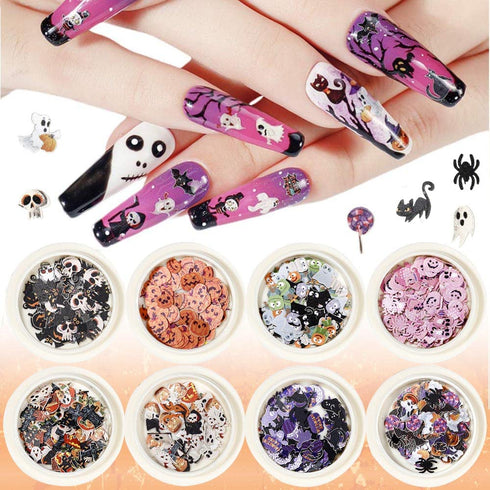 Kalolary 8 Boxes Halloween Nail Art Sequins, 3D Nail Art Decals Stickers for Pumpkin Witch Bat Manicure DIY Decoration