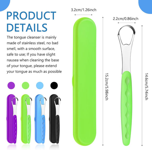 4 Pcs Stainless Steel Tongue Scraper Cleaner for Adults and Kids, Travel Cases for Oral Mouth Care (Green, Blue, Black,