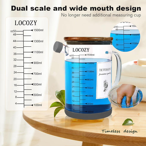 LOCOZY 2-Pack 50oz oz/ml Glass Laundry Detergent Dispenser with Acacia Wood Lid - Airtight Design, Dual Scales |