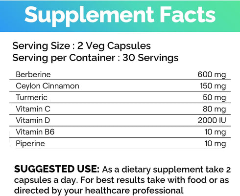 Berberine Supplement, Natural Plant-Based with Ceylon Cinnamon, Turmeric, 900mg, 60 Vegetable Caps