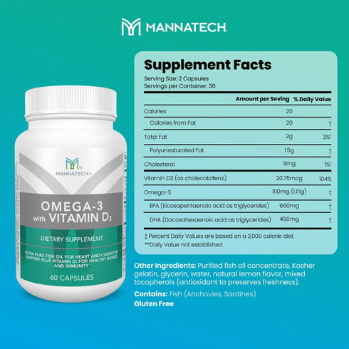 Mannatech Omega-3 with Vitamin D3 - Pure Fish Oil for Bone, Heart Health and Cognitive Support