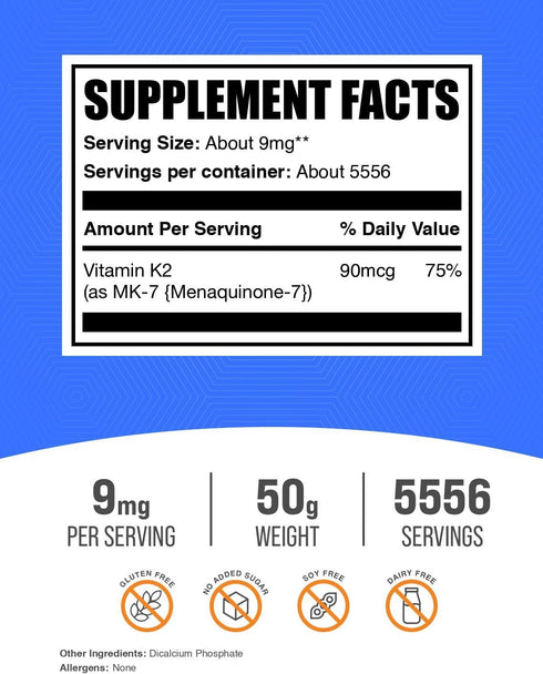 K2 K2 MK-7, K2 9mg 50g (1.8 oz) (Pack 1) BulkSupplements.com Vitamin Powder - Vitamin as Menaquinone Powder - Vitamin