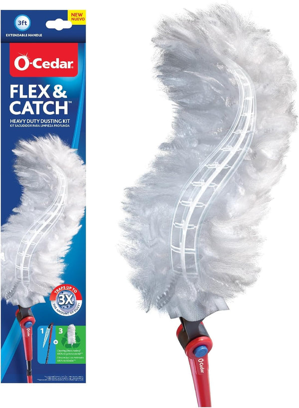 O-Cedar Flex & Catch Heavy Duty Dusting Kit with 3 Disposable Refills, Extendable 3 Ft Handle for Dust Trapping