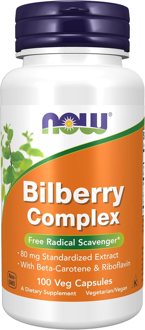 NOW Supplements Bilberry Complex 80 mg with Beta-Carotene & Riboflavin, 100 Veg Capsules