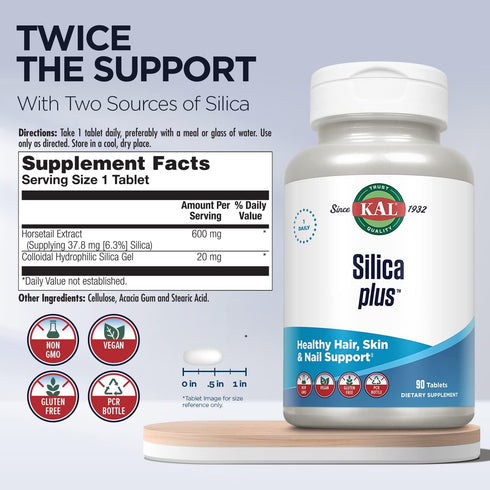 KAL Silica Plus, Healthy Hair, Skin & Nails Support, 90 Quick Dissolve Tabs, Vegan, Gluten Free