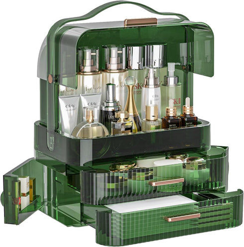 LINFIDITE Large Makeup Organizer Box, Transparent Lid, Portable Handle, Waterproof Dustproof Skincare Display Case