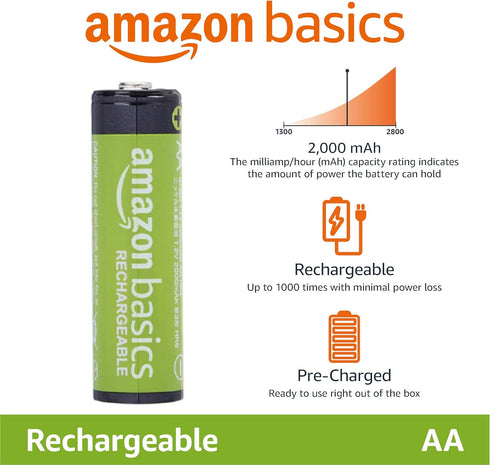 Amazon Basics 12-Pack Rechargeable AA NiMH Performance Batteries, 2000 mAh, Recharge up to 1000x Times, Pre-Charged