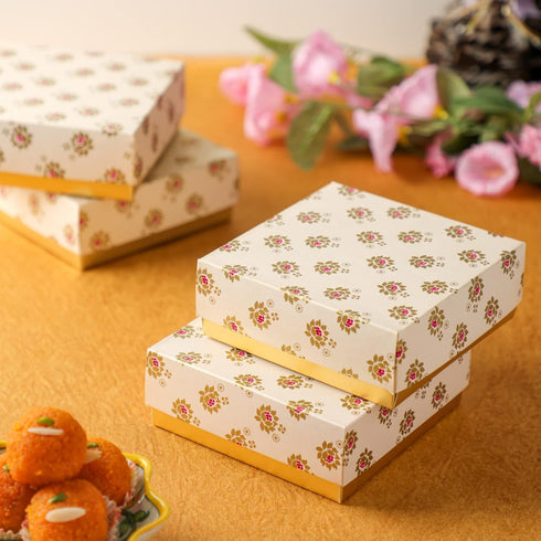 Desi Favors Floral Printed Sweet Boxes for Indian Sweets, Cookies, Mithai, Gift Boxes with Lids, 2.95x5.51 Inch (Pack