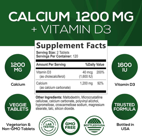 Calcium 1200 mg with Vitamin D3, Calcium Supplement Vitamins, Supports Bone Strength, Teeth & Immune System, Calcium Supplements for Women & Men, Nature's Absorbable Calcium Carbonate - 240 Tablets
