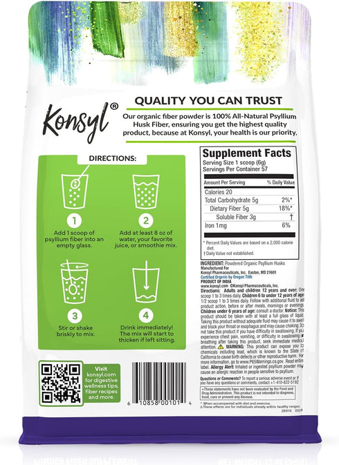 Konsyl Organic Psyllium Husk Powder, 5g Plant Based Soluble Fiber per Serving – USDA Organic, 12 Ounce (Pack of 1)