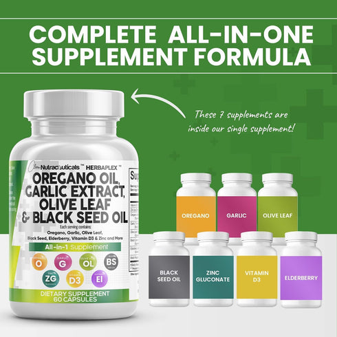 Oregano Oil 6000mg, Garlic Extract 4000mg & More - Immune Support & Digestive Health - 60 Caps