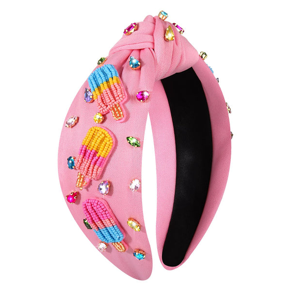 Ice Cream Popsicle Headband - Beaded Rainbow Knotted Headband for Women, Jeweled Crystal Embellished