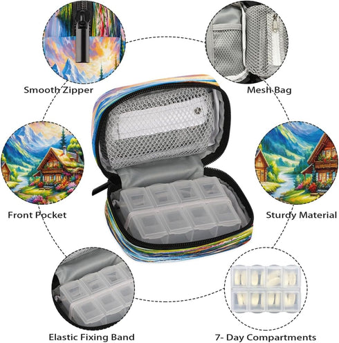 Skerhhux 7 Colorful Forest Spring Pill Case Travel Pill Organizer Weekly Day Portable with Zipper Medicine Box Pill