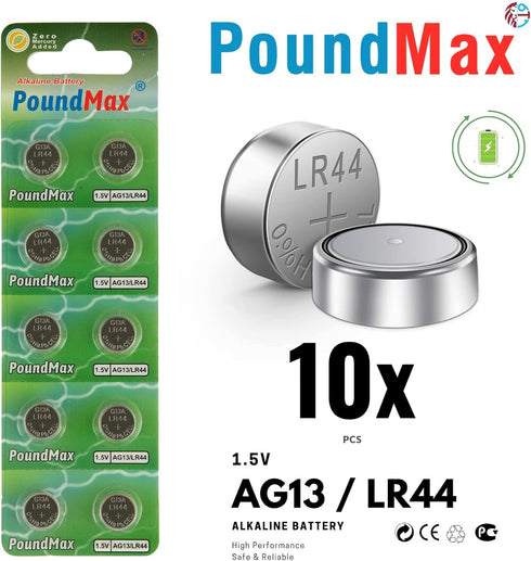 PoundMax 10 AG13 LR44 1.5 x V Alkaline Button Cell Battery