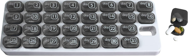 Monthly Med Organizer with 31 Daily Removable Pill Pods, Numbered Pillboxes for Home, Work, Travel
