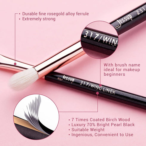 Jessup 15Pcs Professional Makeup Brush Set - Natural-Synthetic Hair Tools in Pearl Black/Rose Gold