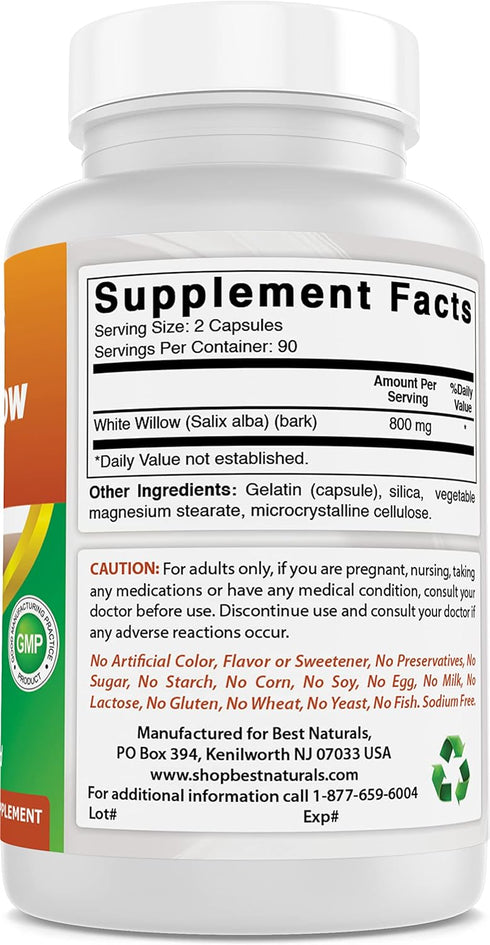 Best Naturals White Willow Bark 400 mg, 180 Capsules (Pack of 3)