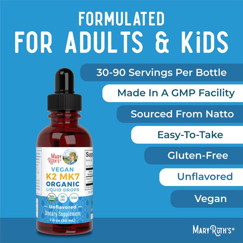 MaryRuth Organics USDA Organic Vitamin K2 MCT Liquid Drops for Adults & Kids | 100 mcg K2 MK7, 1oz