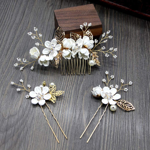 NUOBESTY 4Pcs Wedding Hair Clip Comb, Handmade Bridal Hair Clip, Pearl Floral Leaf Accessories for Women Wedding (White)